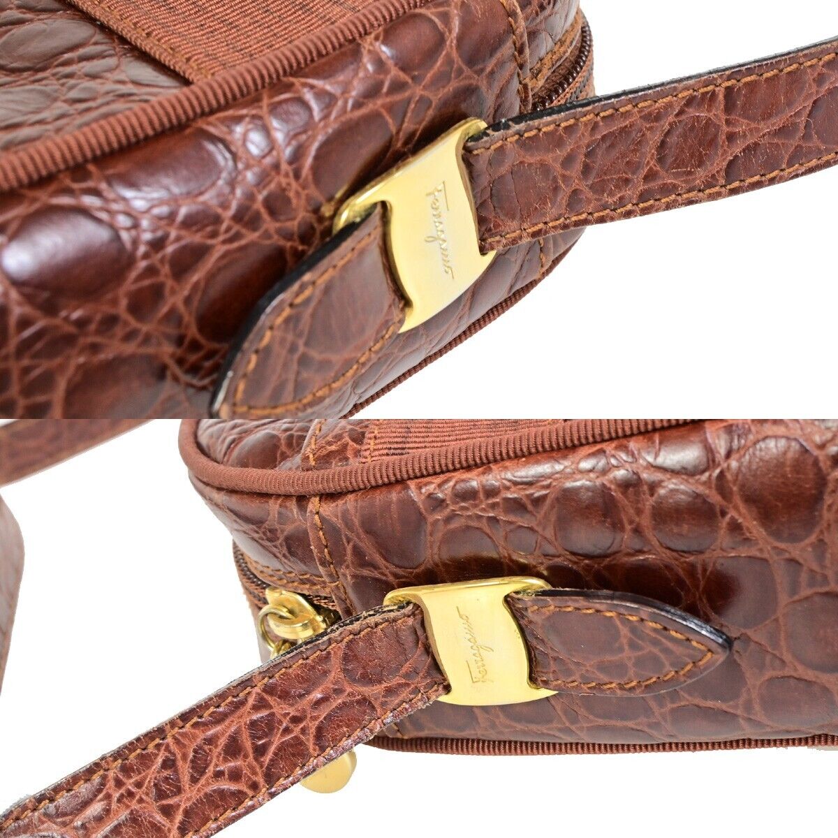 SALVATORE FERRAGAMO Vara Crossbody Shoulder Bag Embossing Leather Brown 67FB071