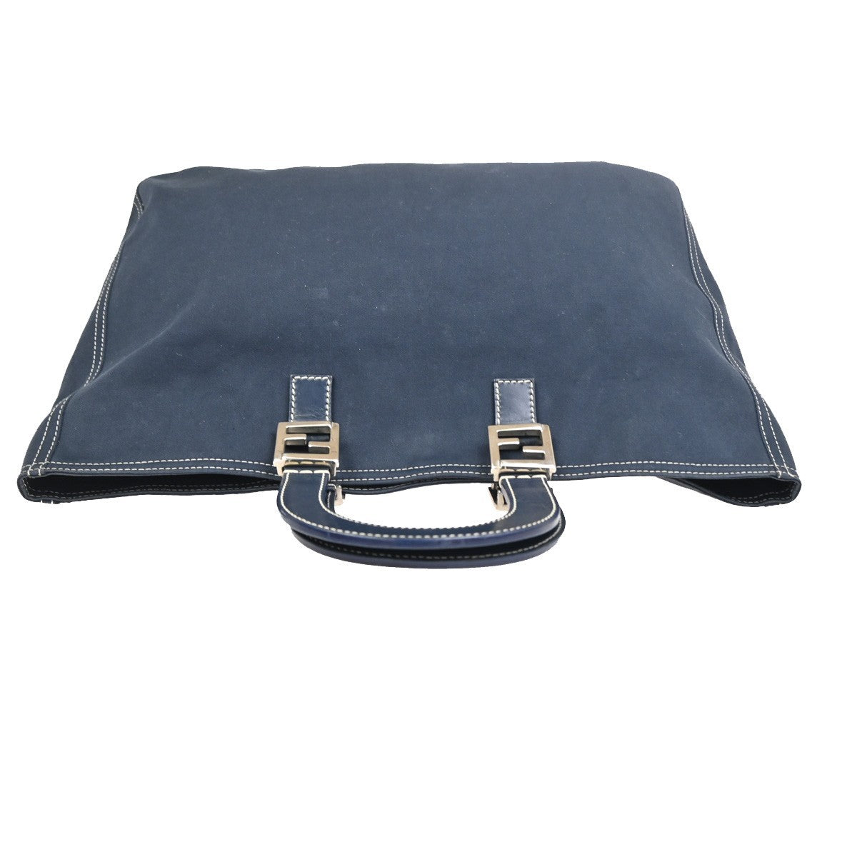 FENDI FF Logo Hand Bag Tote Bag Canvas Demin Leather Navy Blue Italy 78ZA127