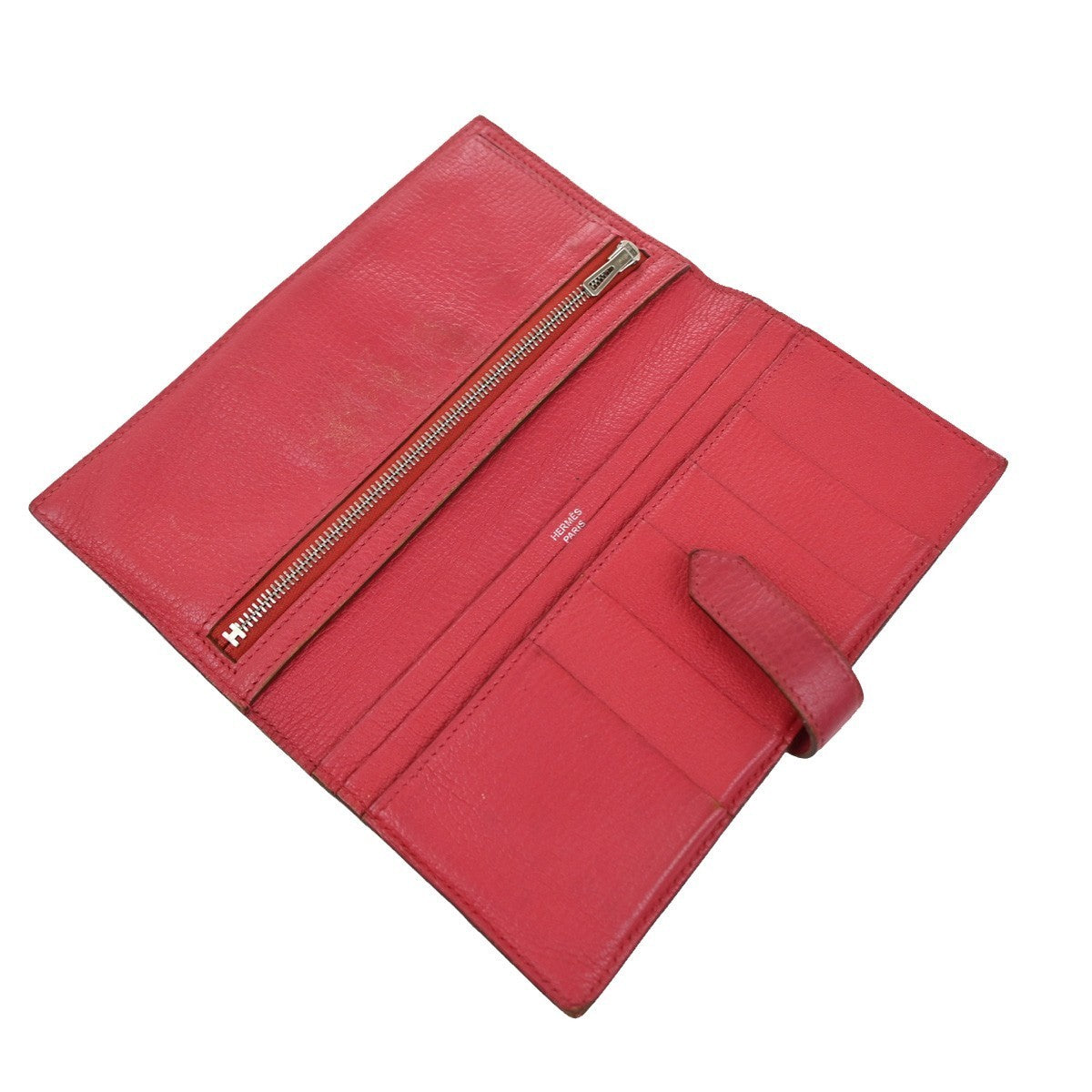 HERMES Logo Bearn Long Bifold Wallet Chevre Leather Pink France 61KP048