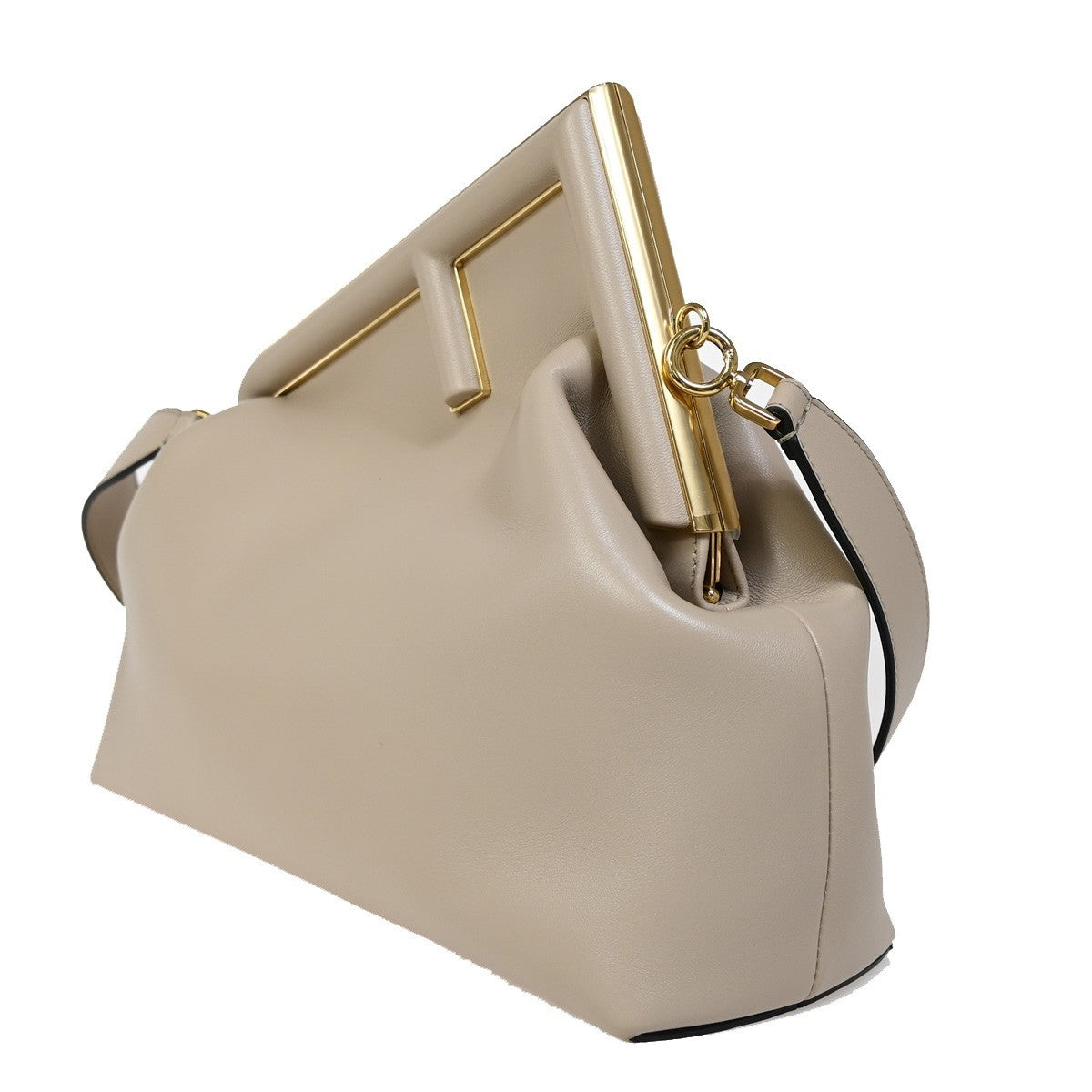 51.Live FENDI First Medium 2Way Shoulder Clutch Bag Leather Beige Gold 370RJ786