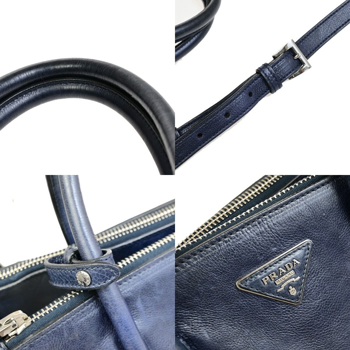 PRADA MILNO Logo 2Way Shoulder Hand Bag Leather Navy Blue Silver-Plated 10ED918