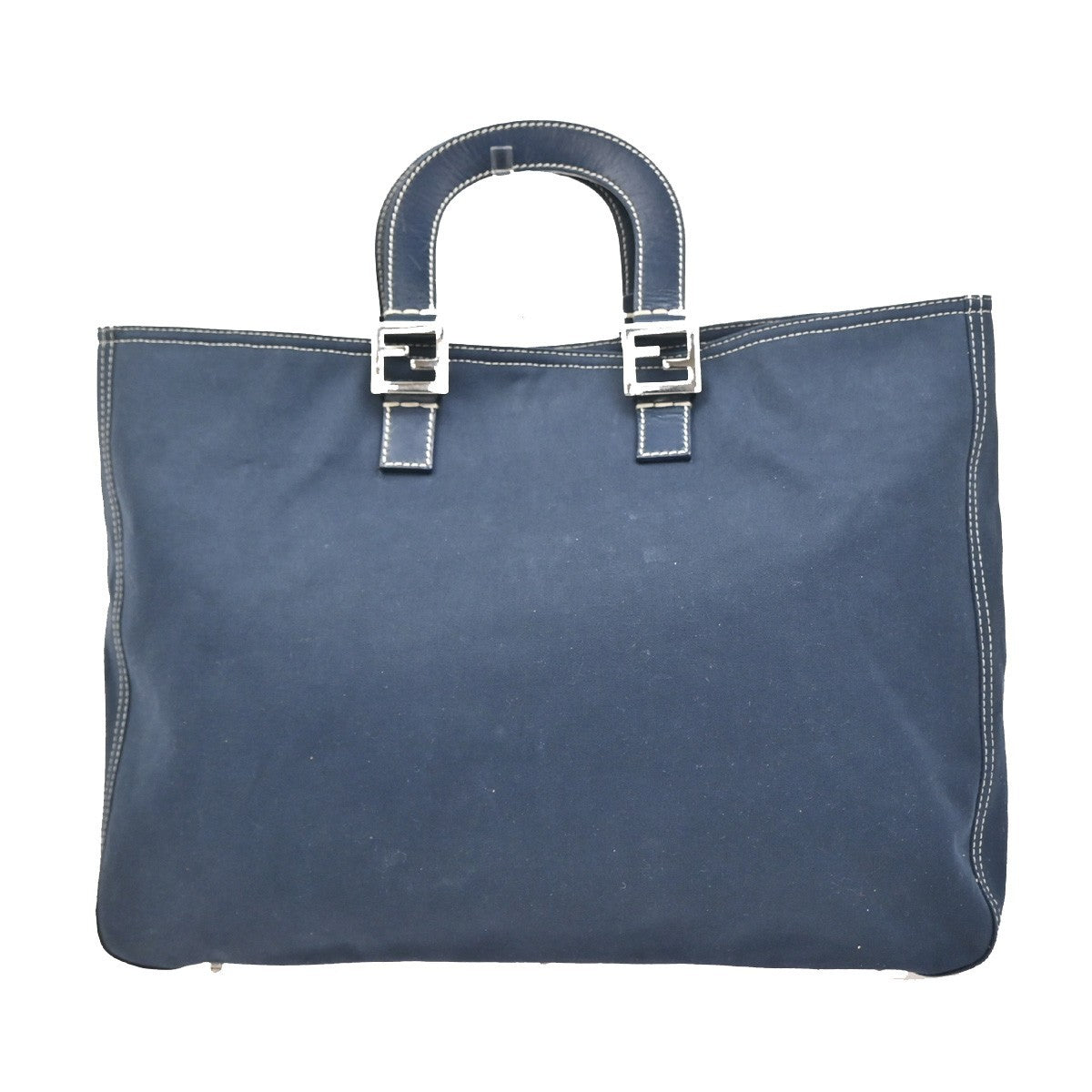 FENDI FF Logo Hand Bag Tote Bag Canvas Demin Leather Navy Blue Italy 78ZA127