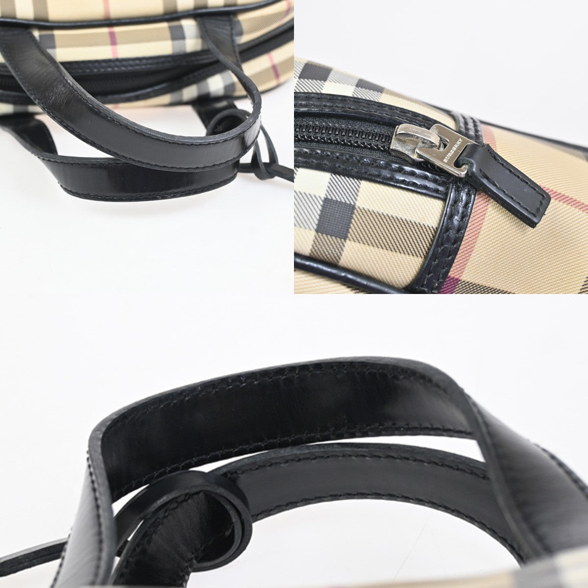 BURBERRY Logo Nova Check Pattern Hand Bag PVC Leather Black Beige SHW 31KD025