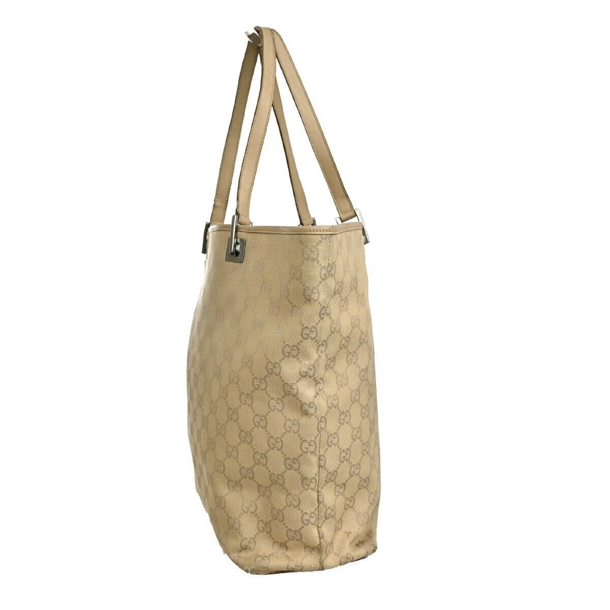 GUCCI Logo GG Pattern Tote Shoulder Bag Canvas Leather Beige SV Italy 08GA225