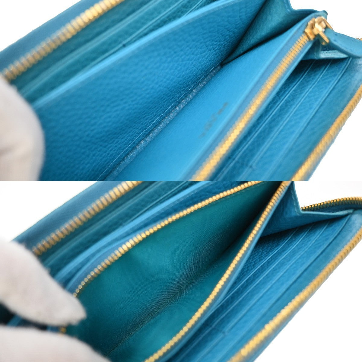PRADA Logo Long Zipper Around Wallet Vitello Grain Leather Blue Italy 30KB104