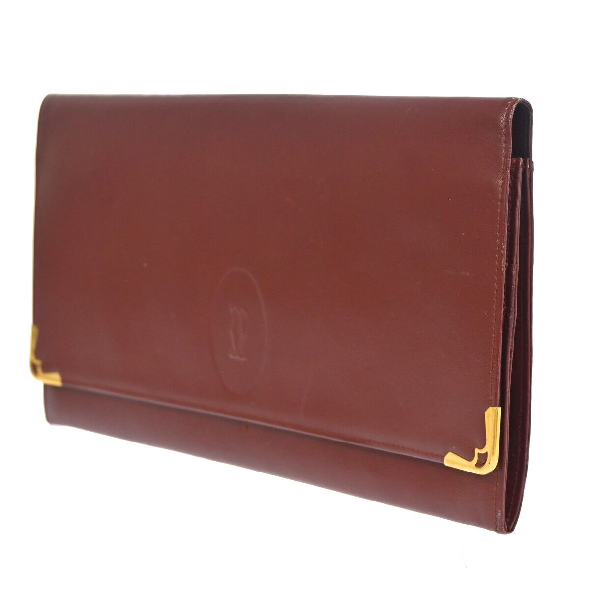 MUST DE CARTIER 2C Logo Wallet Clutch Hand Bag Leather Bordeaux Gold 09EA094