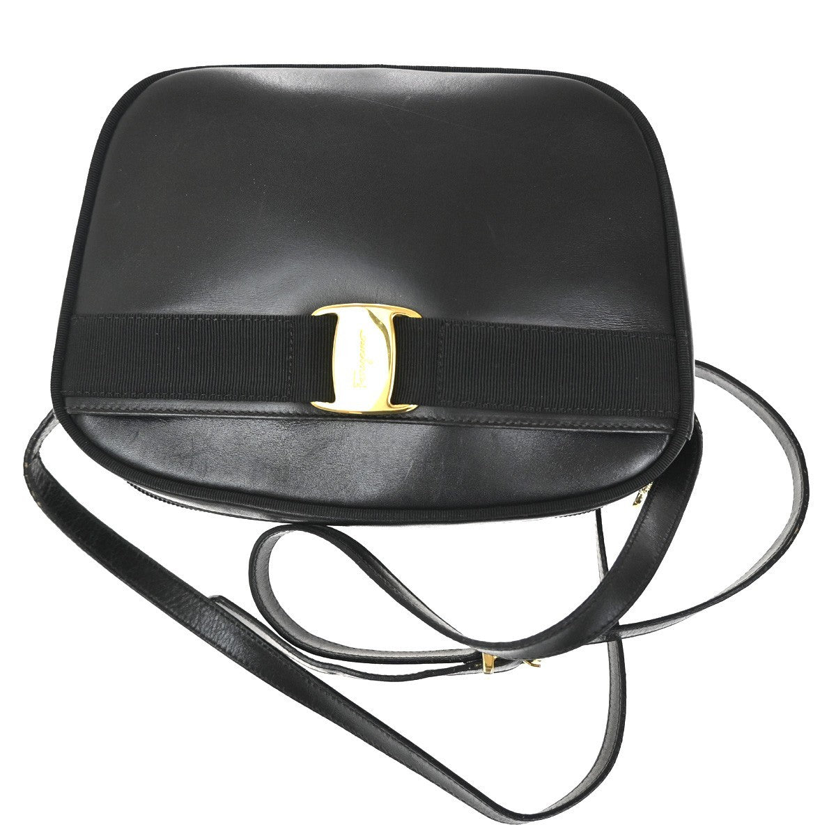 SALVATORE FERRAGAMO Vara Shoulder Bag Canvas Leather Black Gold 69TA430