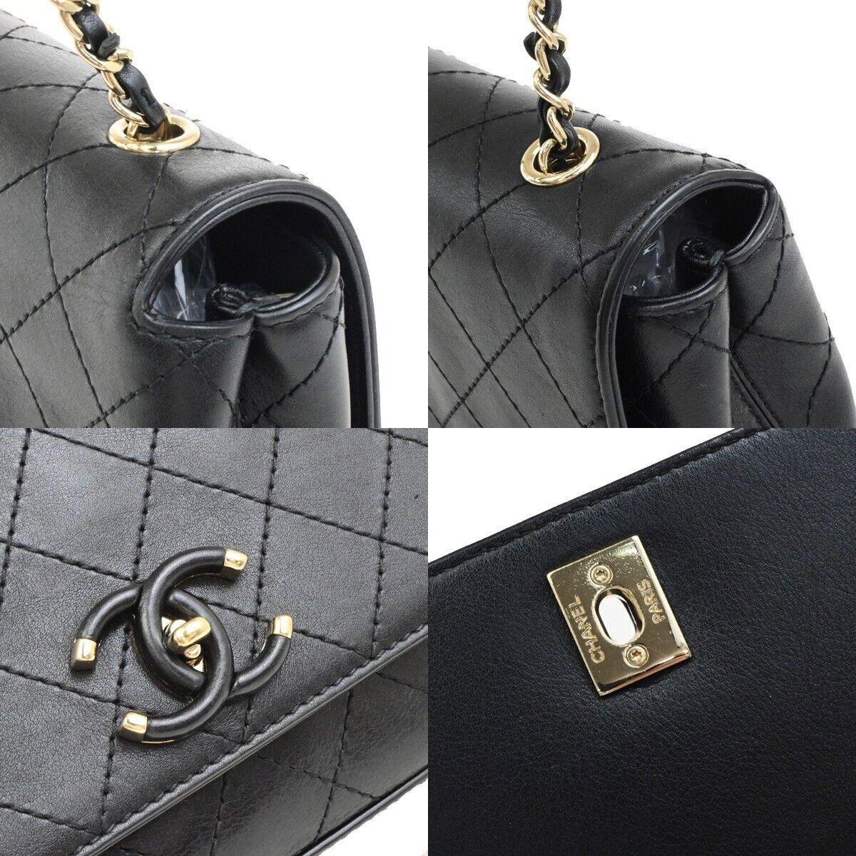 CHANEL CC Logo Mini Matelasse Chain Shoulder Bag Leather Black GHW 341RF214