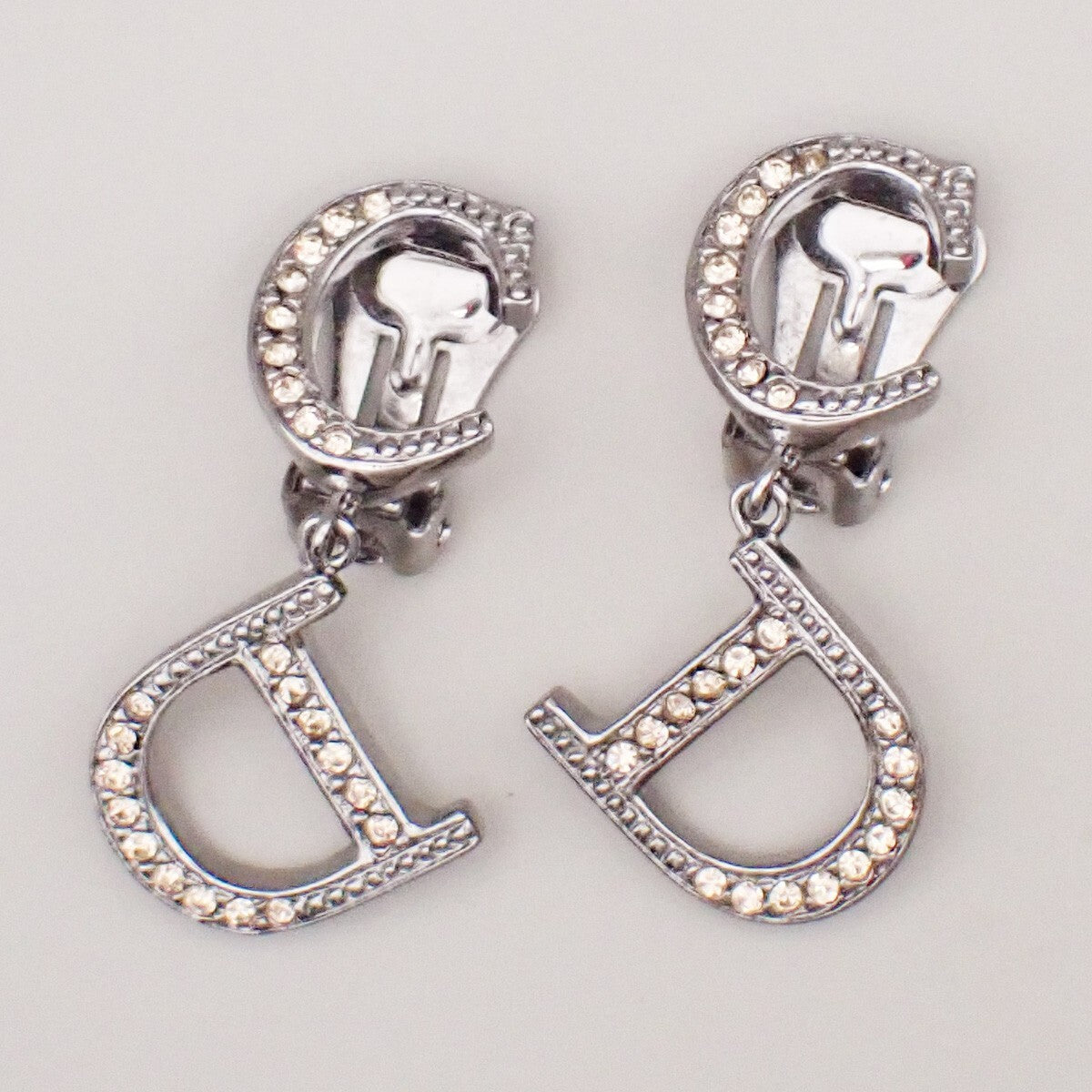 CHRISTIAN DIOR CD Logo Rhinestone Drop Earrings Clip-On Silver Accesory 05YH196