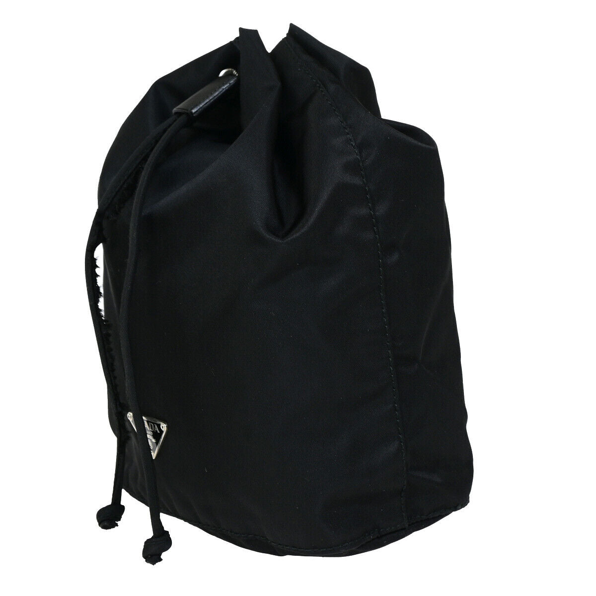 PRADA Logo Tessuto Drawstring Pouch Nylon Leather Black SHW Italy 61YF613