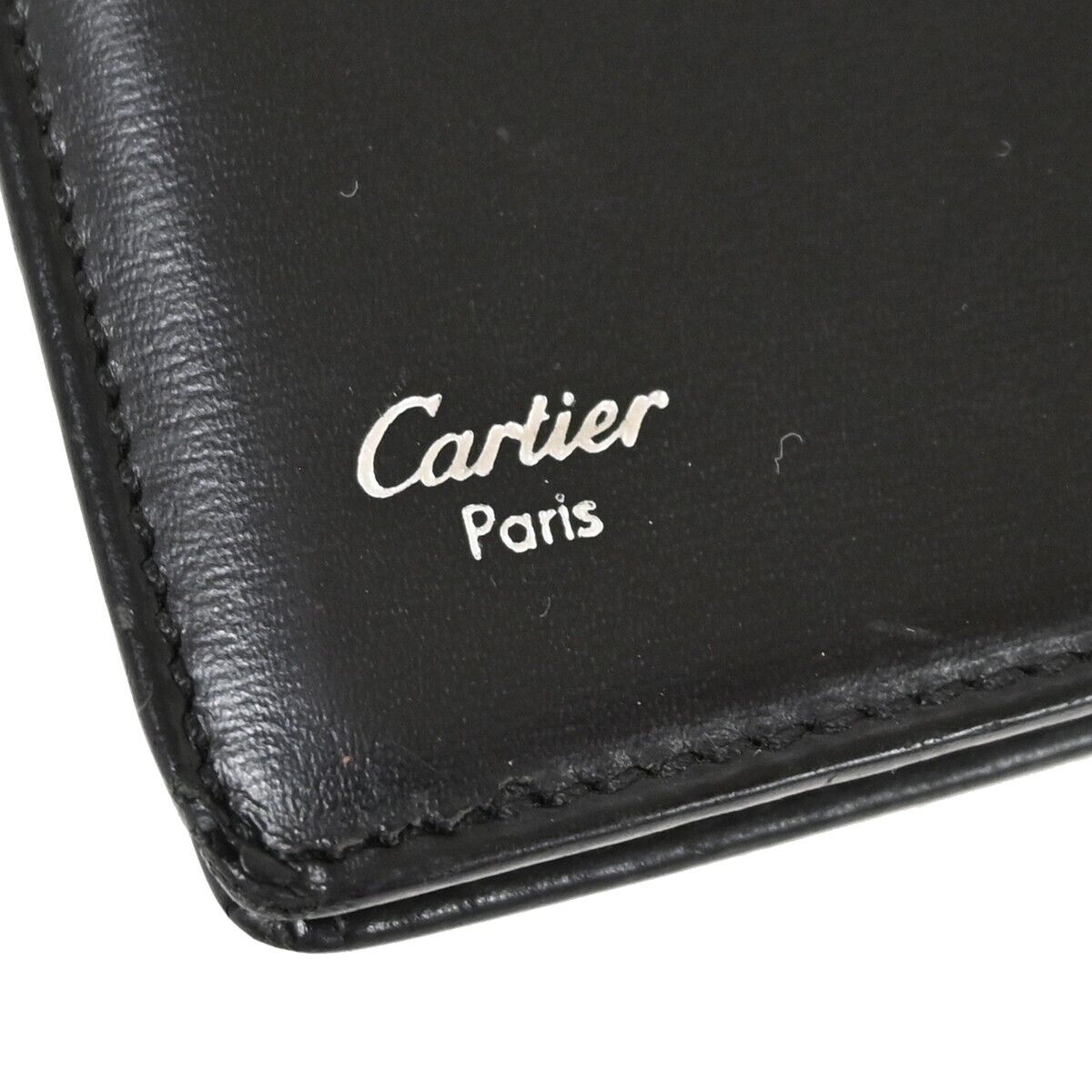 CARTIER 2C Logo Bifold Wallet Purse Leather Black Silver Made in France 07FA043
