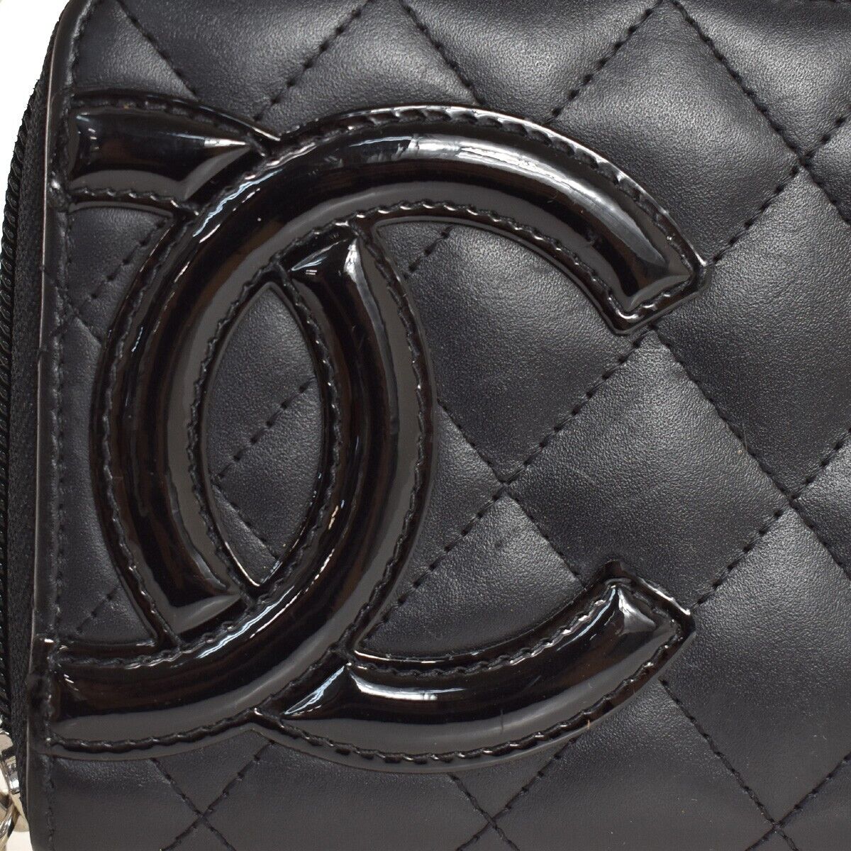 CHANEL CC Cambon Long Zipper Bifold Wallet Patent Leather Black SHW 75YC568