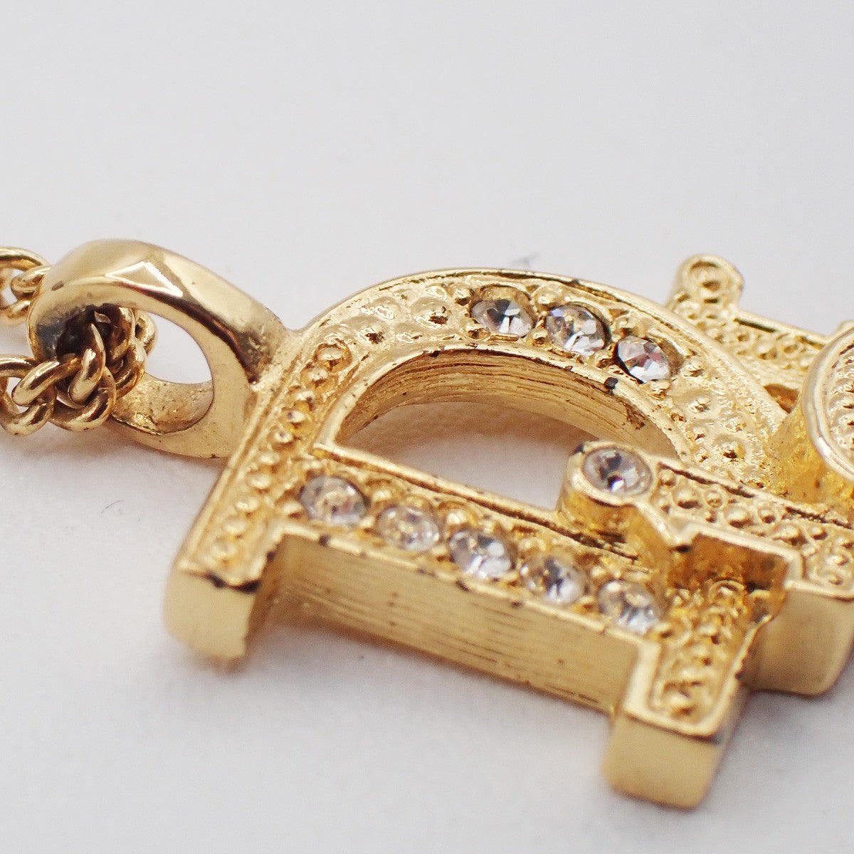 CHRISTIAN DIOR Logo Rhinestone Chain Necklace Pendant Gold Plated 02YJ116