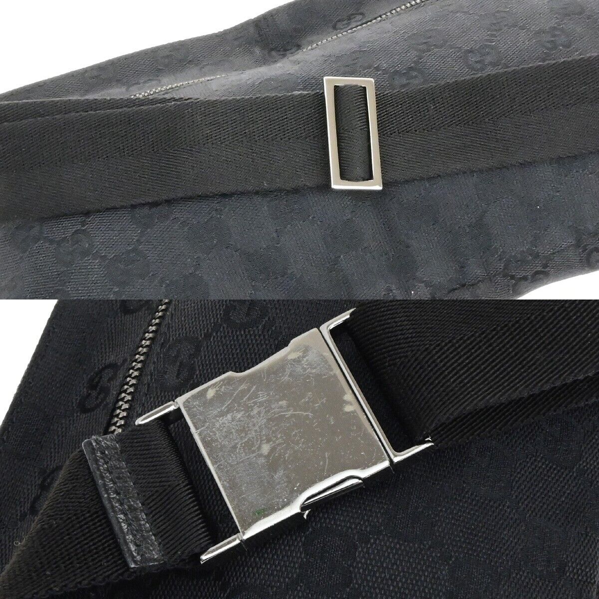 GUCCI Logo GG Pattern Bum Bag Belt Canvas Leather Black Silver Italy 33EE093
