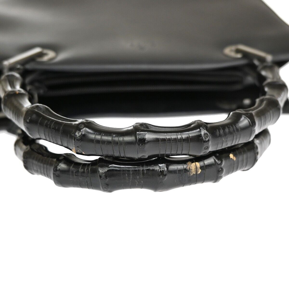 GUCCI Logo Bamboo Hand Bag Leather Black Silver-Plated Made In Italy 67EA504