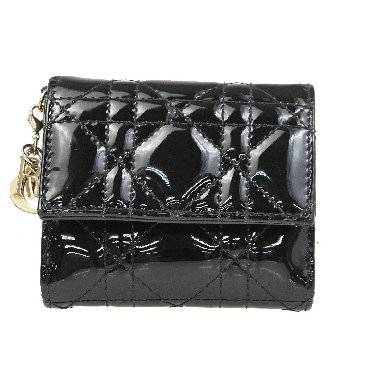 CHRISTIAN DIOR Logo Cannage Trifold Compact Wallet Patent Leather Black 34KC613