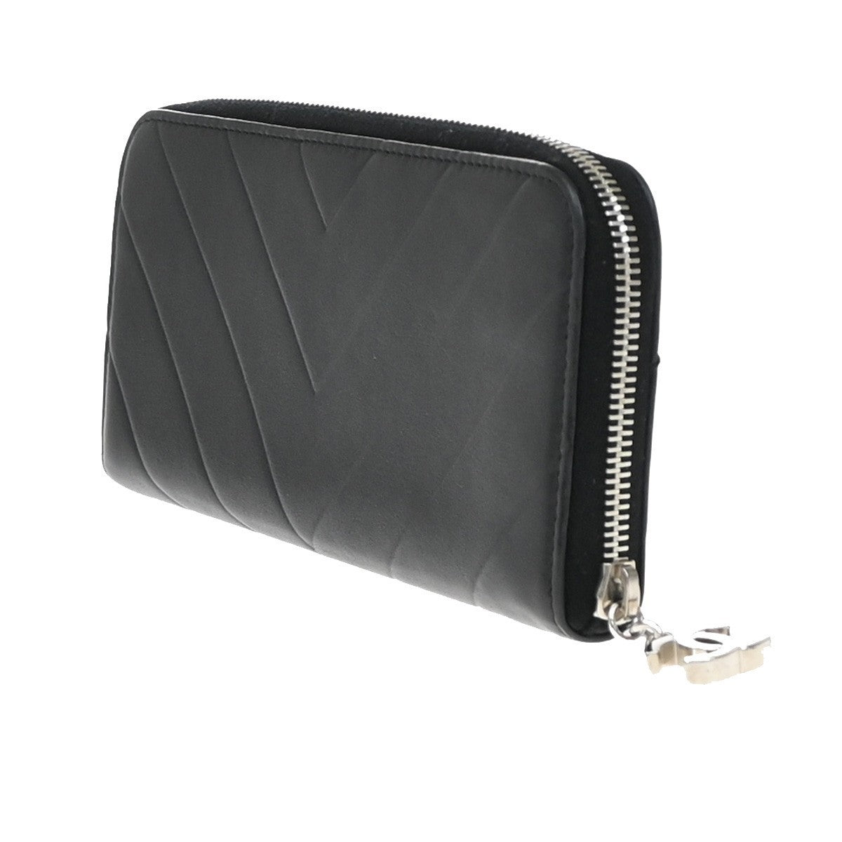 CHANEL CC Logo V-stitch Zip Around Long Wallet Leather Black Silver 77RF674