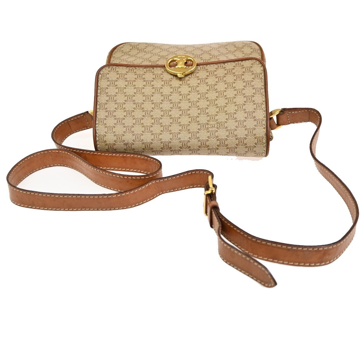 CELINE Logo Macadam Pattern Shoulder Bag PVC Leather Beige GHW Italy 67CA718