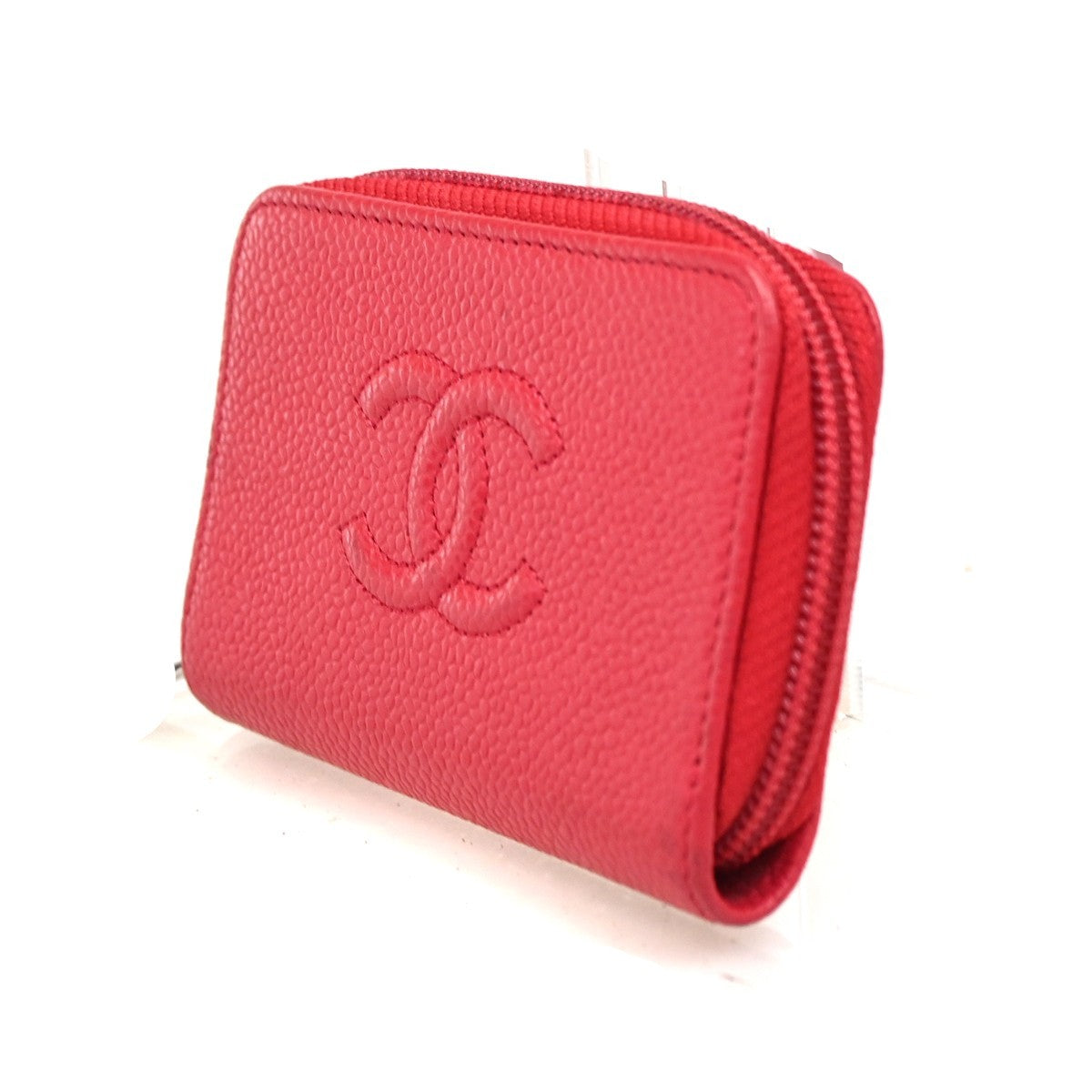 CHANEL CC Logo Zip Around Coin Wallet Grained Calfskin Leather Red Italy 87RL776