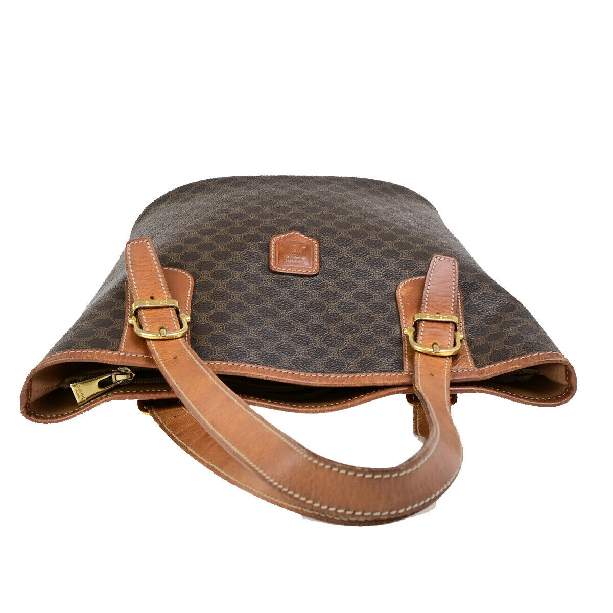 CELINE Logo Macadam Pattern Shoulder Tote Bag PVC Leather Brown GHW 67YG537