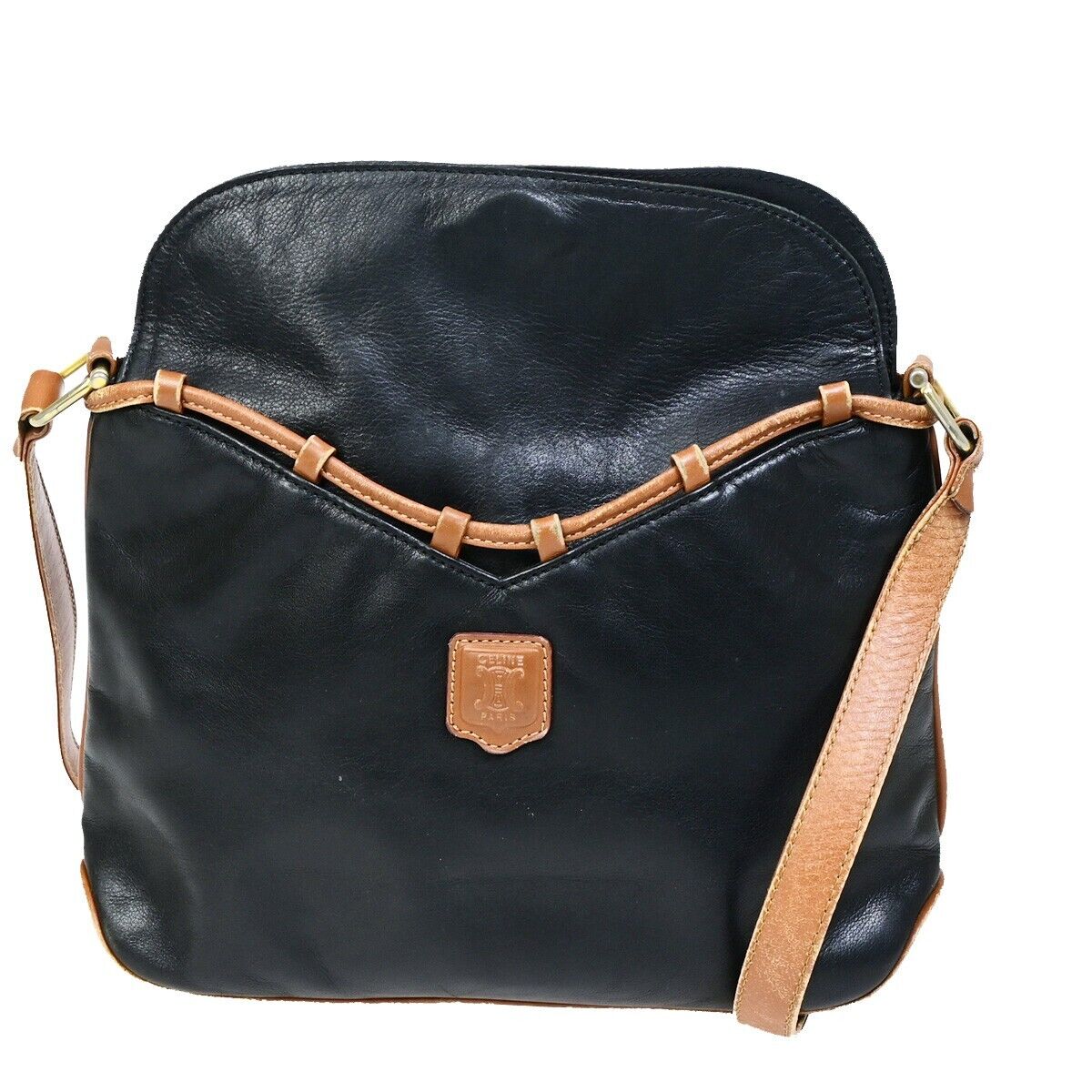 CELINE PARIS Logo Shoulder Bag Leather Black Brown Gold Italy 01EB542