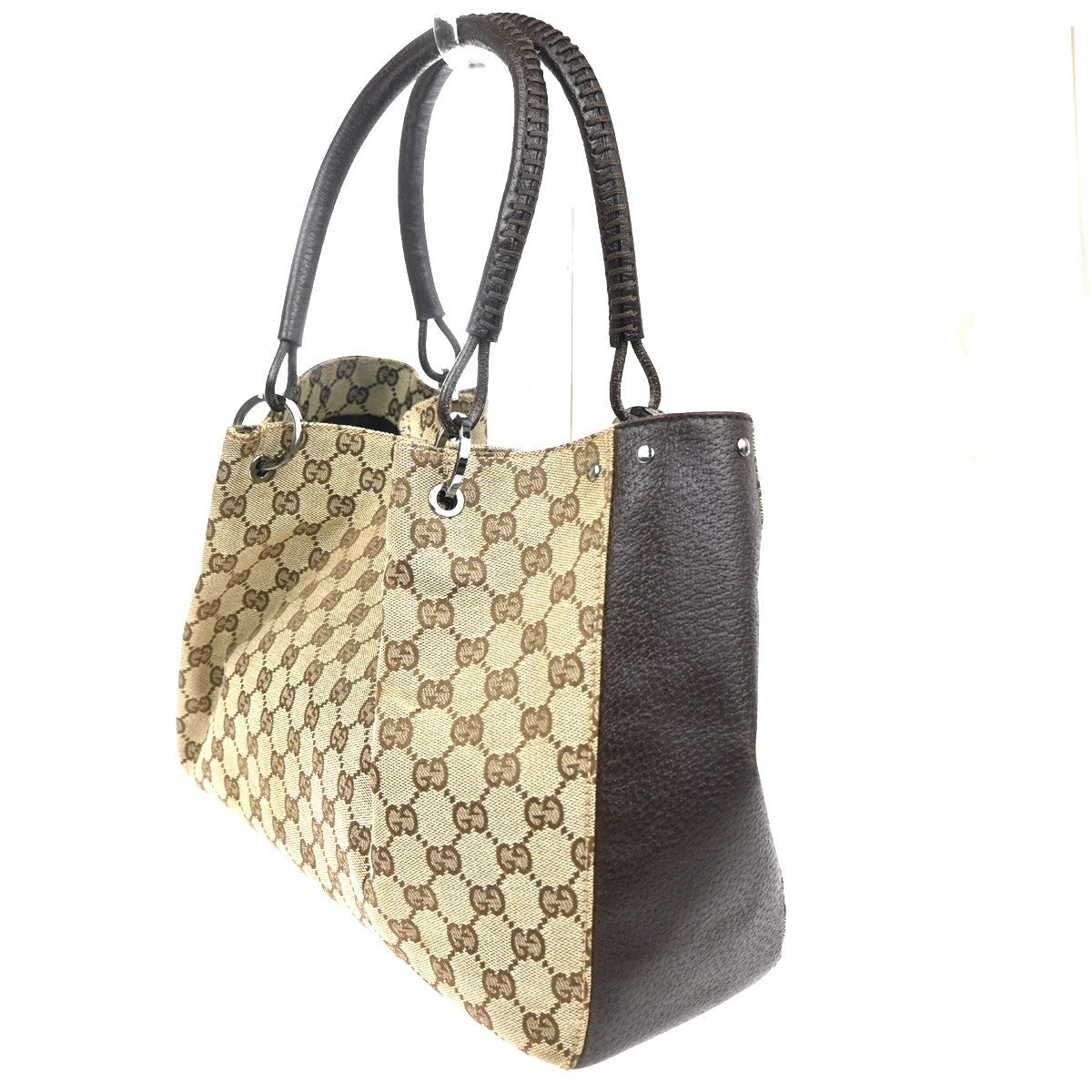 GUCCI Logo GG Pattern Shoulder Tote Bag Canvas Leather Brown 86KC878