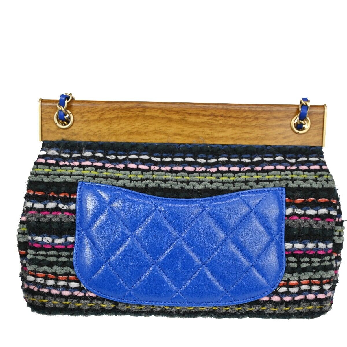 CHANEL CC Matelasse Tweed Chain Shoulder Bag Leather Wood Blue GHW 961RH816