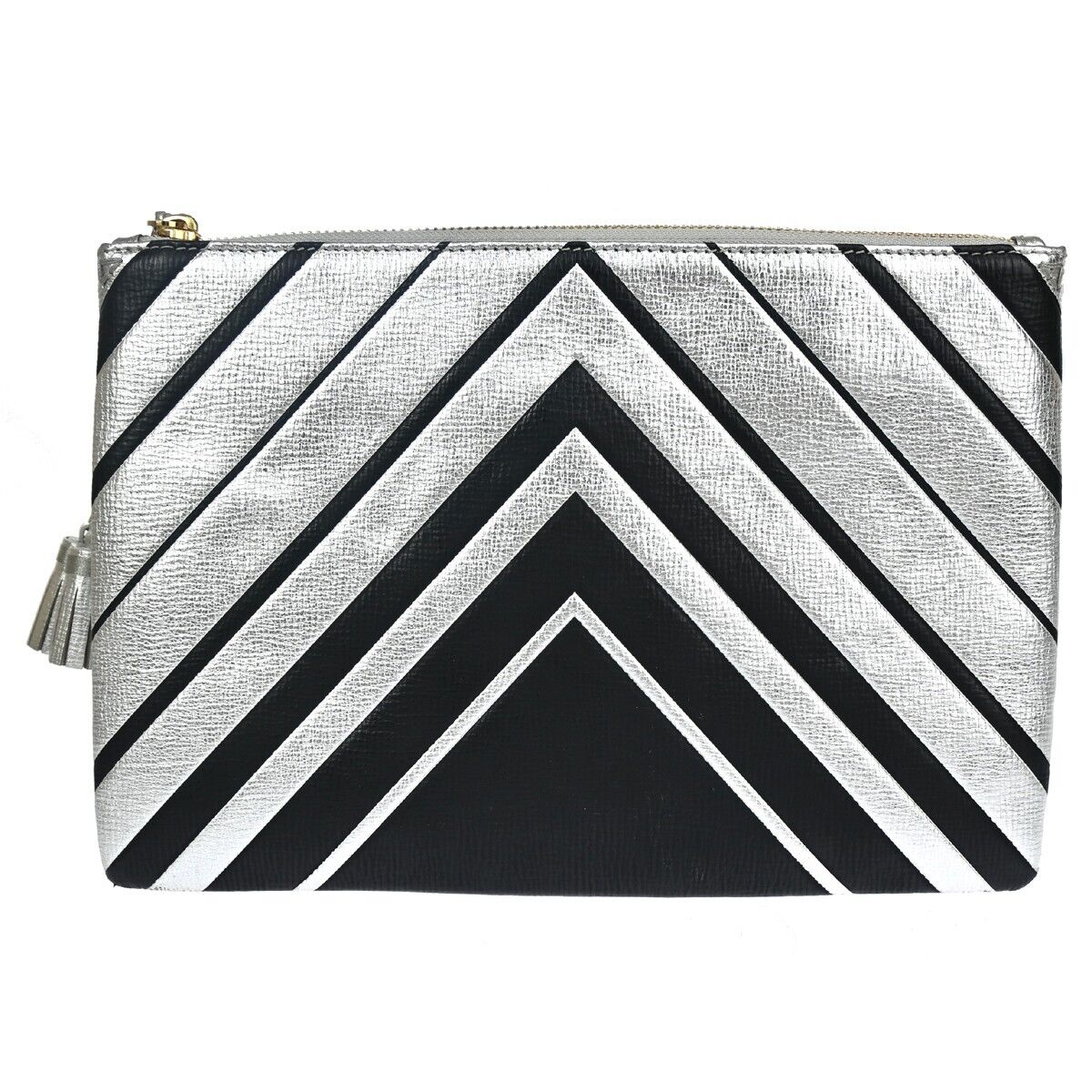 ANYA HINDMARCH Logo Fringe Tassel Clutch Hand Bag Leather Silver Black 69EA079
