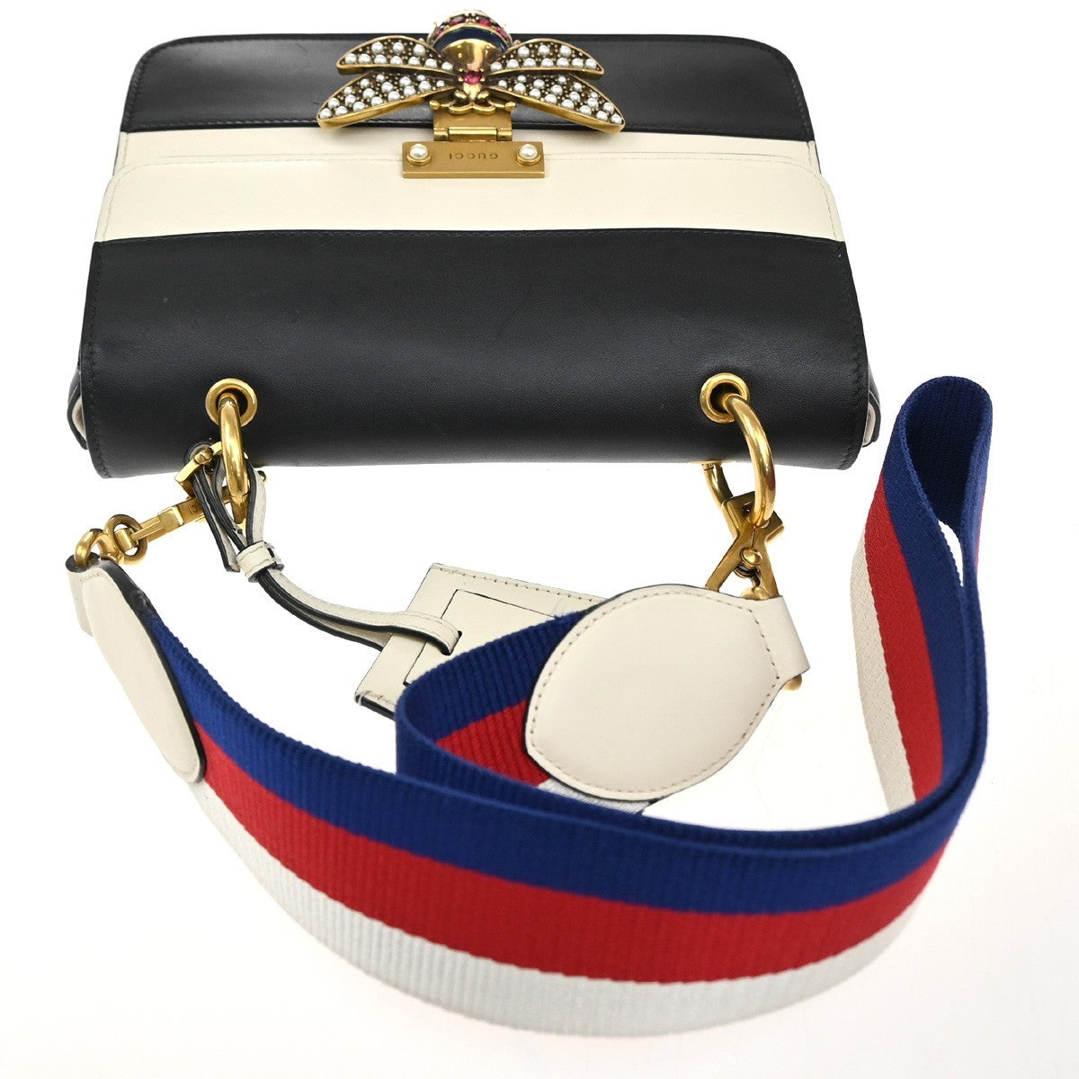 GUCCI Bee Queen Margaret Logo Shoulder Bag Leather Black White GHW Italy 20RL719