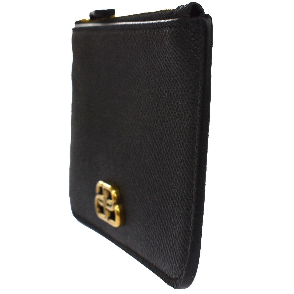 BALENCIAGA BB Logo Coin Wallet Purse Key Ring Leather Black Gold Italy 65RH003