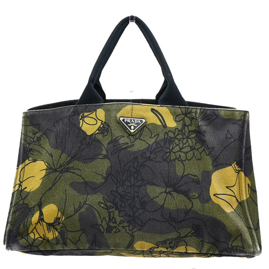 PRADA Plate Logo Canapa Hand Bag  Canvas Camouflage Green 83TA399