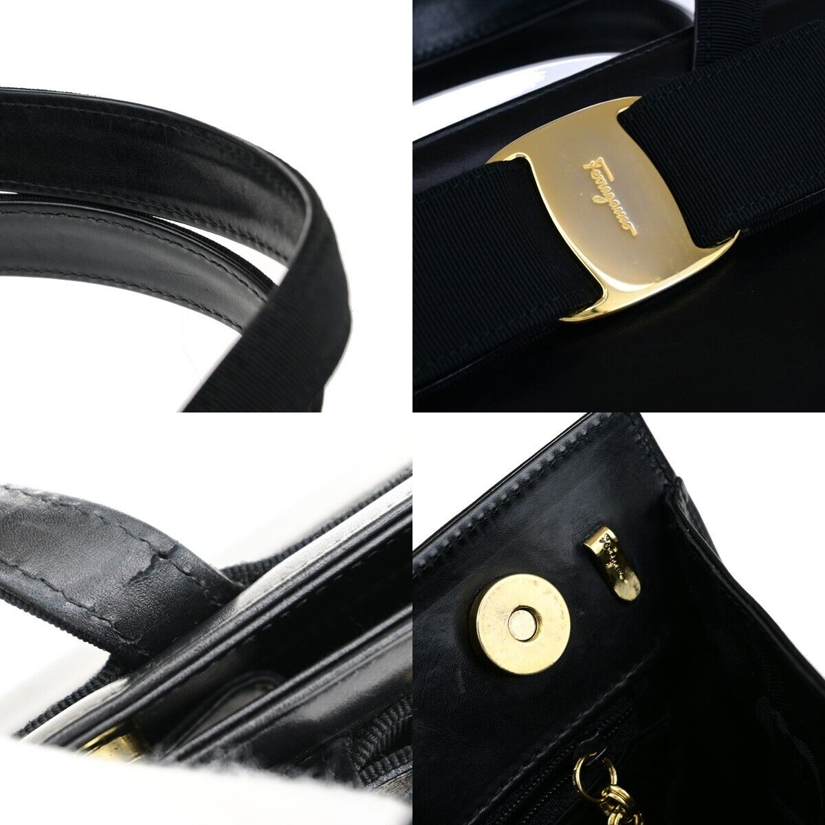 SALVATORE FERRAGAMO Logo Vara Hand Bag Canvas Leather Black Gold Italy 62EC294