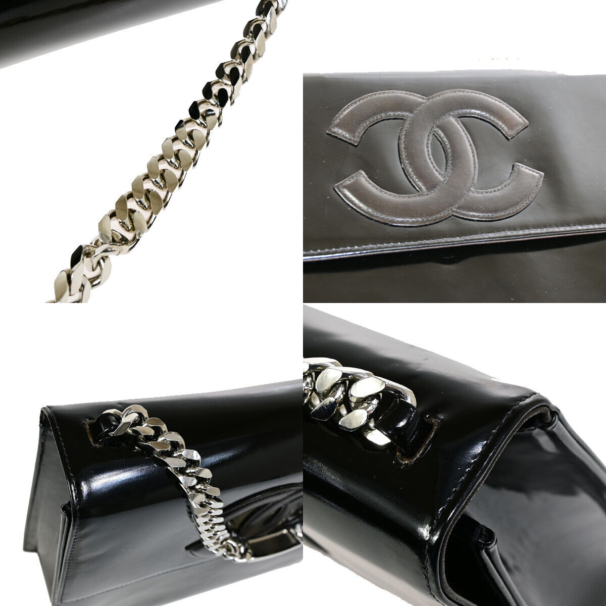 CHANEL CC Logo Chain Hand Bag Patent Leather Black SHW France Vintage 660RJ868