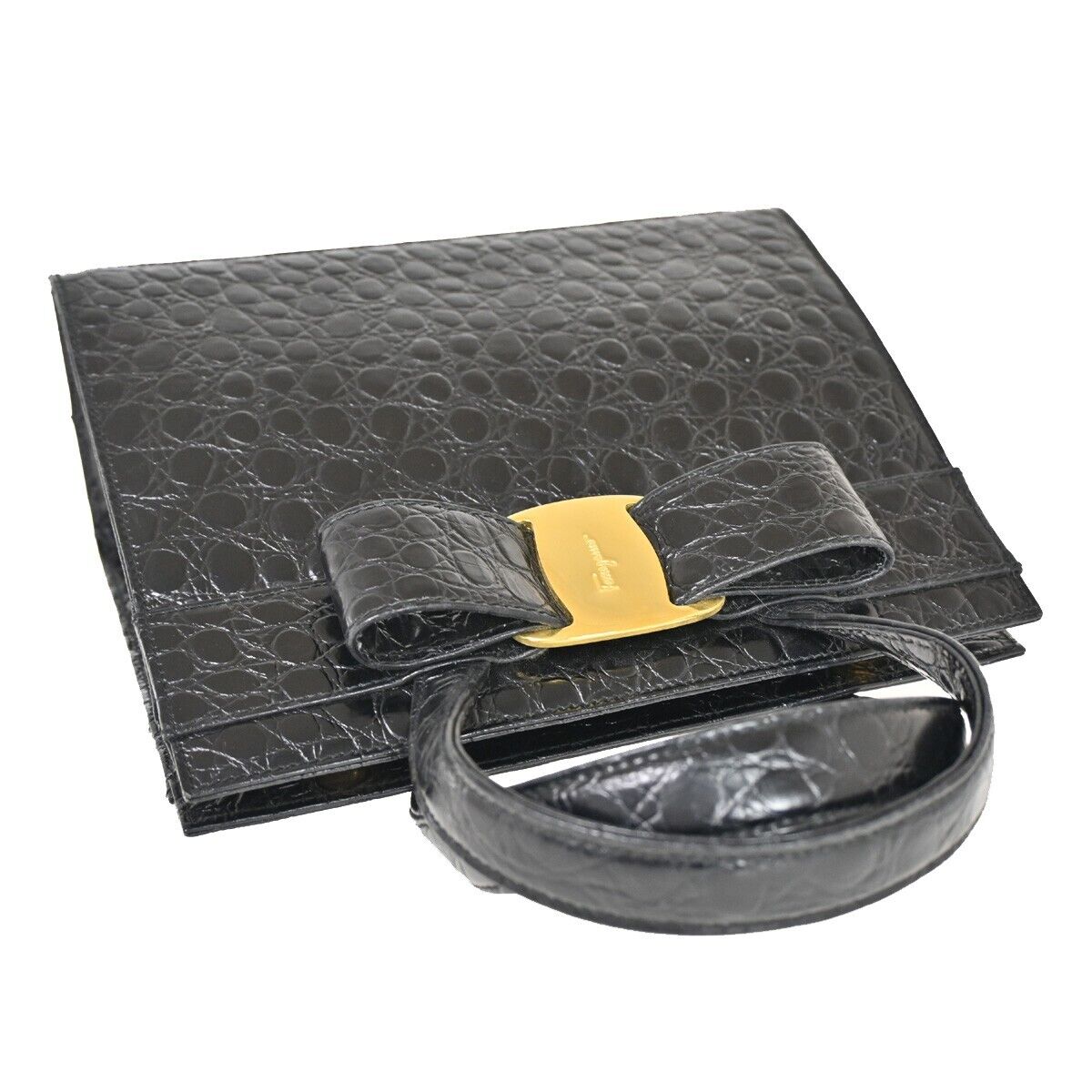SALVATORE FERRAGAMO Logo Vara Hand Bag Embossing Leather Black Gold 32FA281