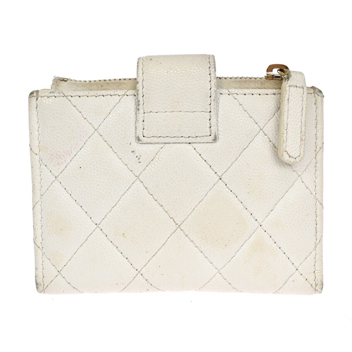 CHANEL CC Logo Bifold Wallet Purse Caviar Skin Leather White GHW Italy  30HB382