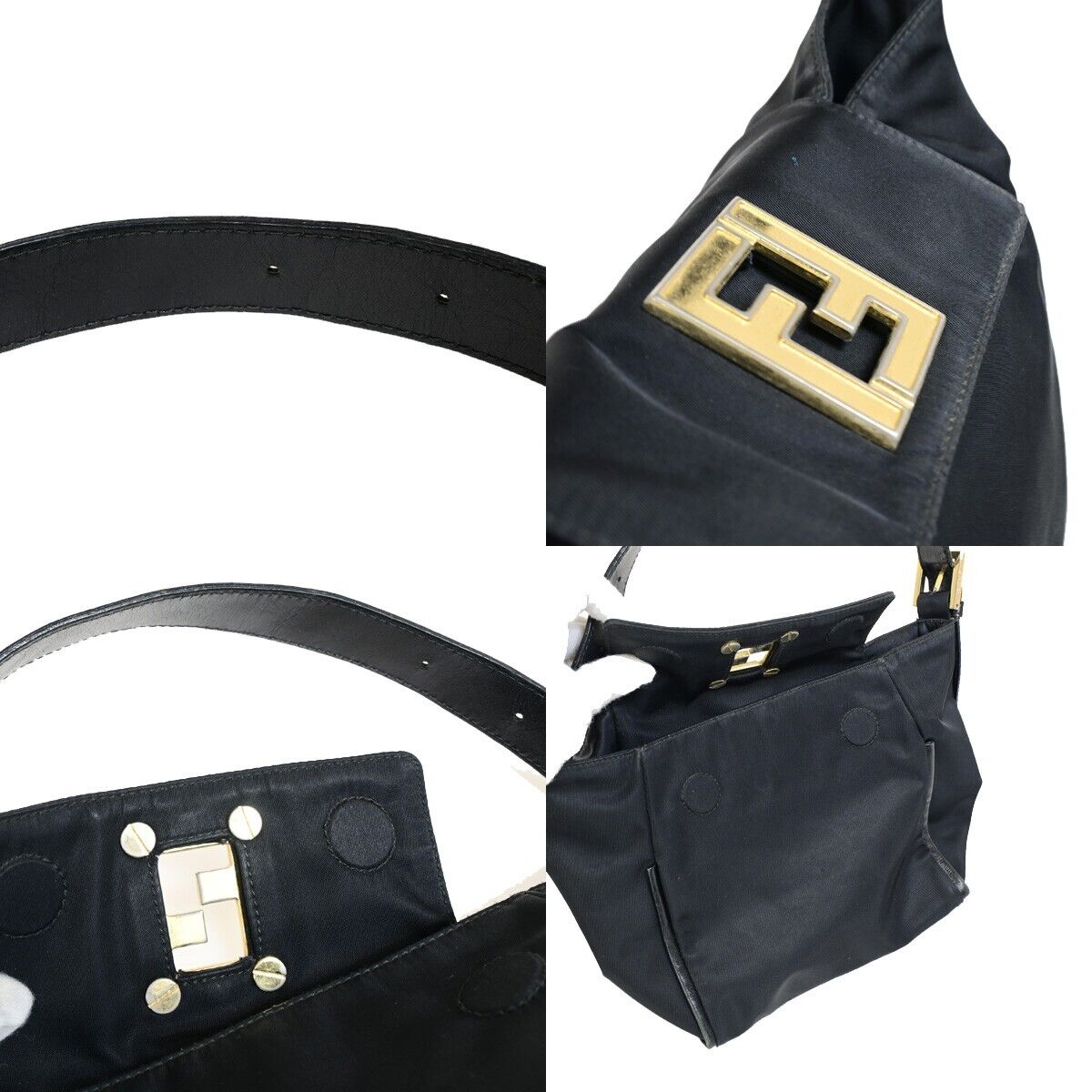 FENDI Logo FF Shoulder Bag Nylon Leather Black GWH Made In Italy 65FA936