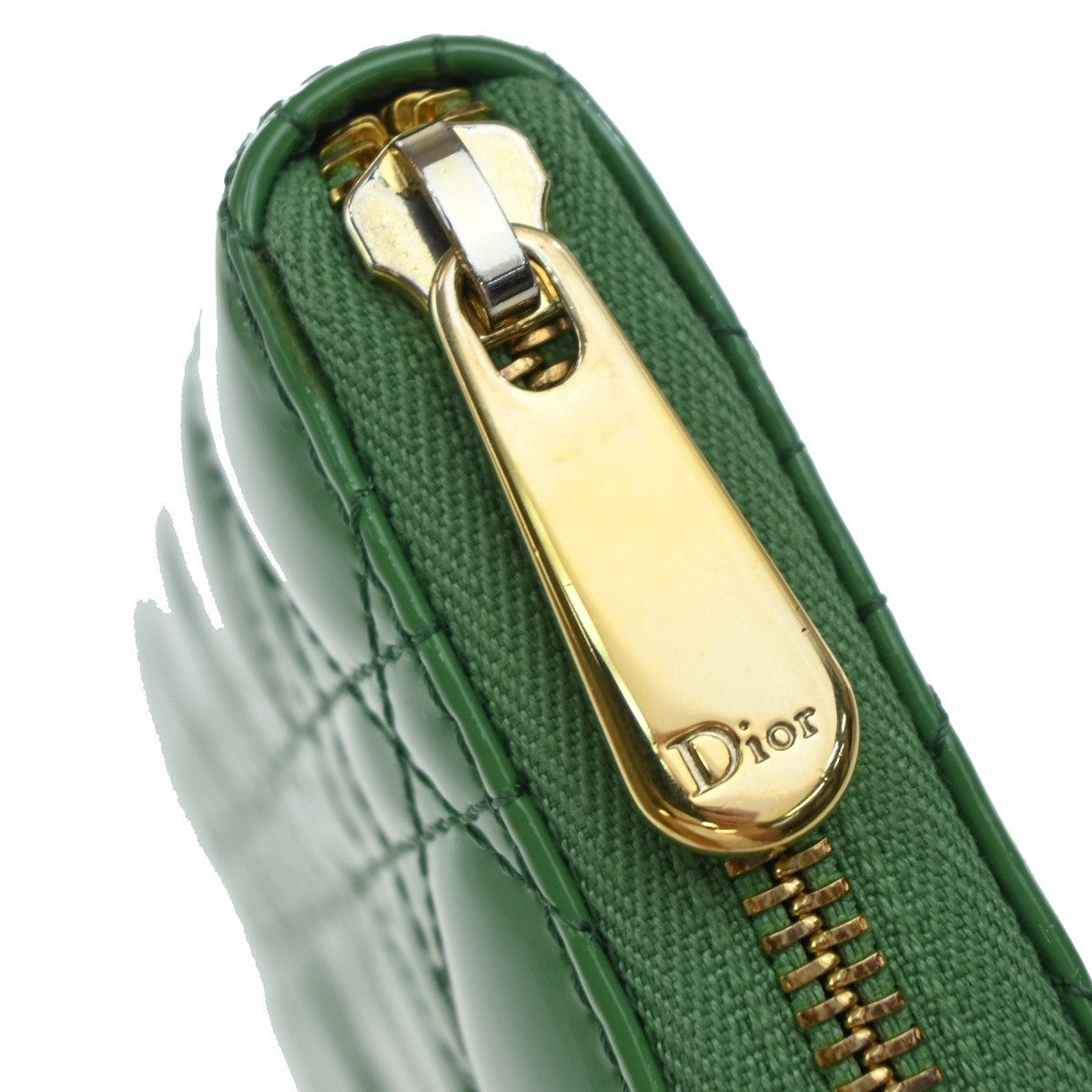 CHRISTIAN DIOR Logo Cannage Zip Around Long Wallet Patent Leather Green 36EG143