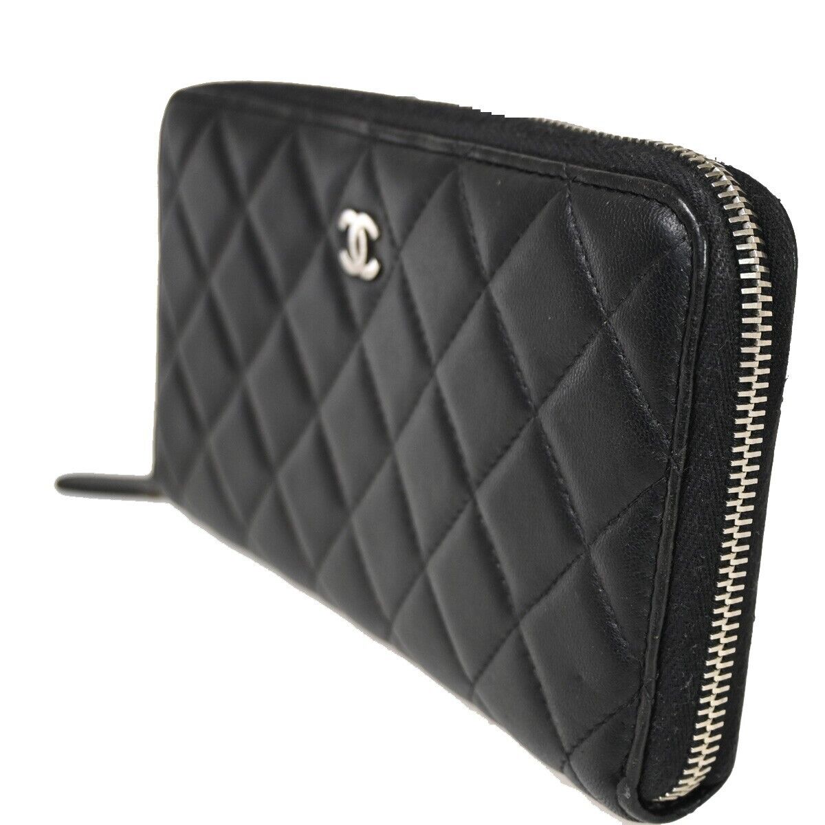 CHANEL CC Logo Zip Around Wallet Purse Matelasse Leather Black Silver 16HB878