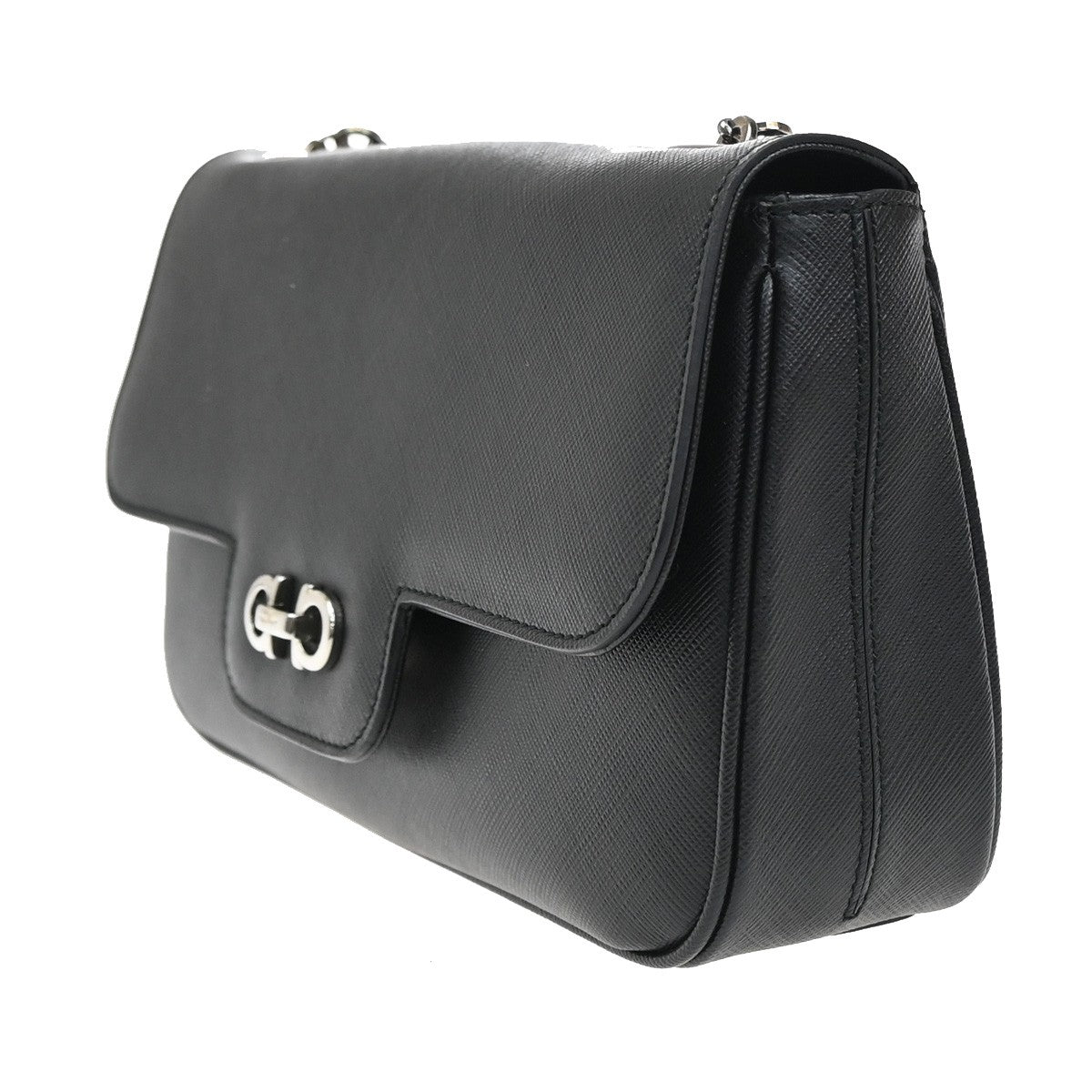 SALVATORE FERRAGAMO Logo Gancini Chain Shoulder Bag Leather Black SHW 33YH542