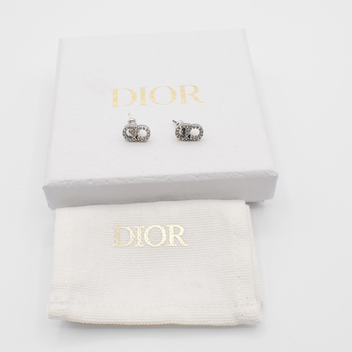 CHRISTIAN DIOR CD Logo Rhinestone Piercing Earrings Silver 62RL850
