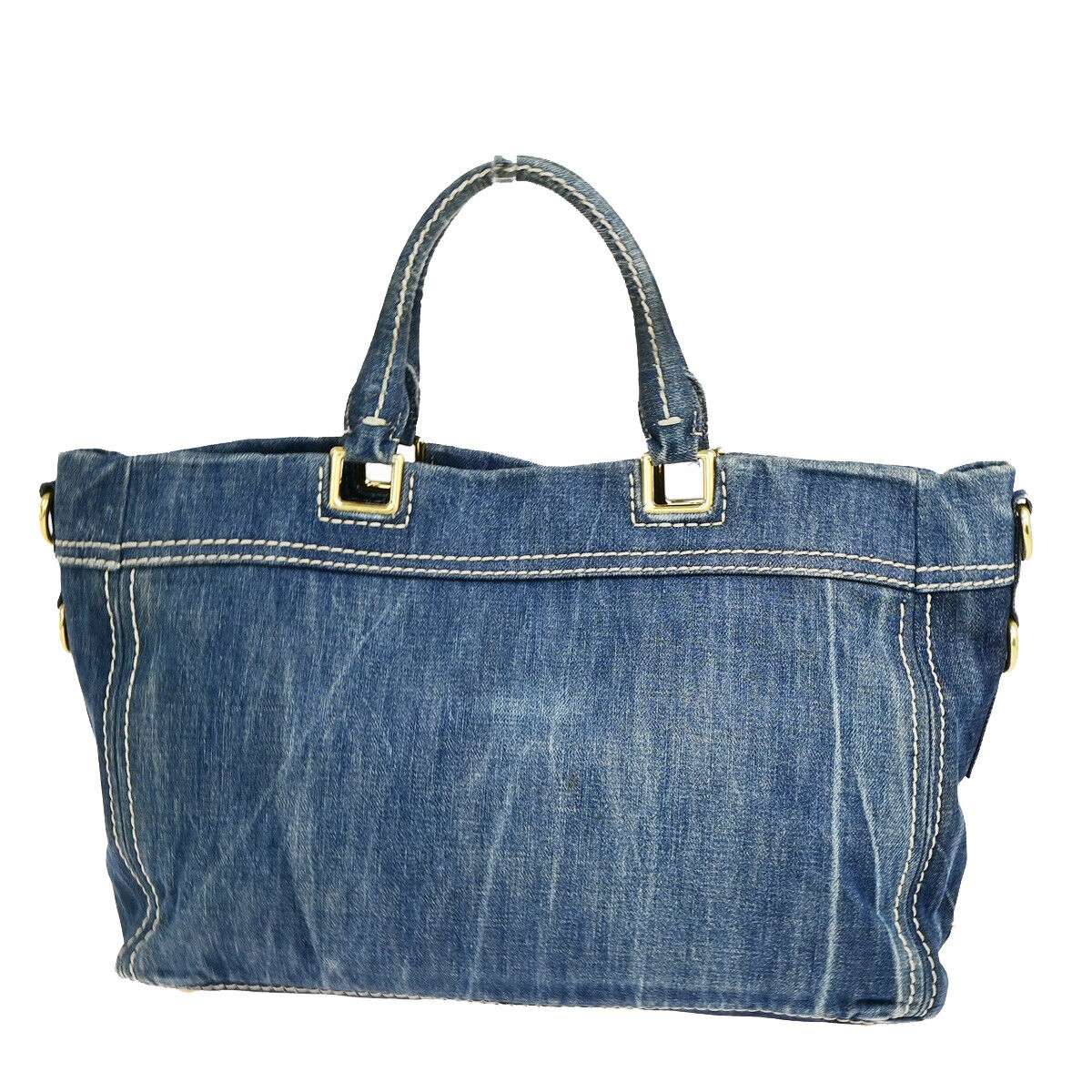 PRADA Logor Hand Tote Bag Denim Leather Blue Acio GHW Italy 80YG643