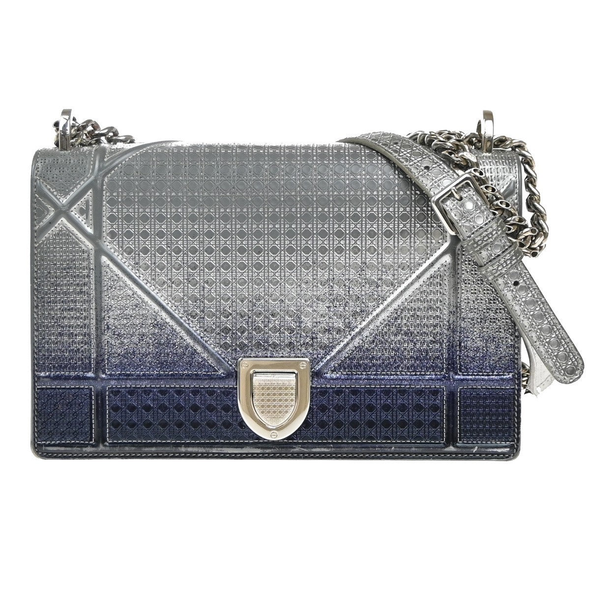 CHRISTIAN DIOR Diorama Chain Shoulder Bag Embossing Leather Blue Silver 12EG331