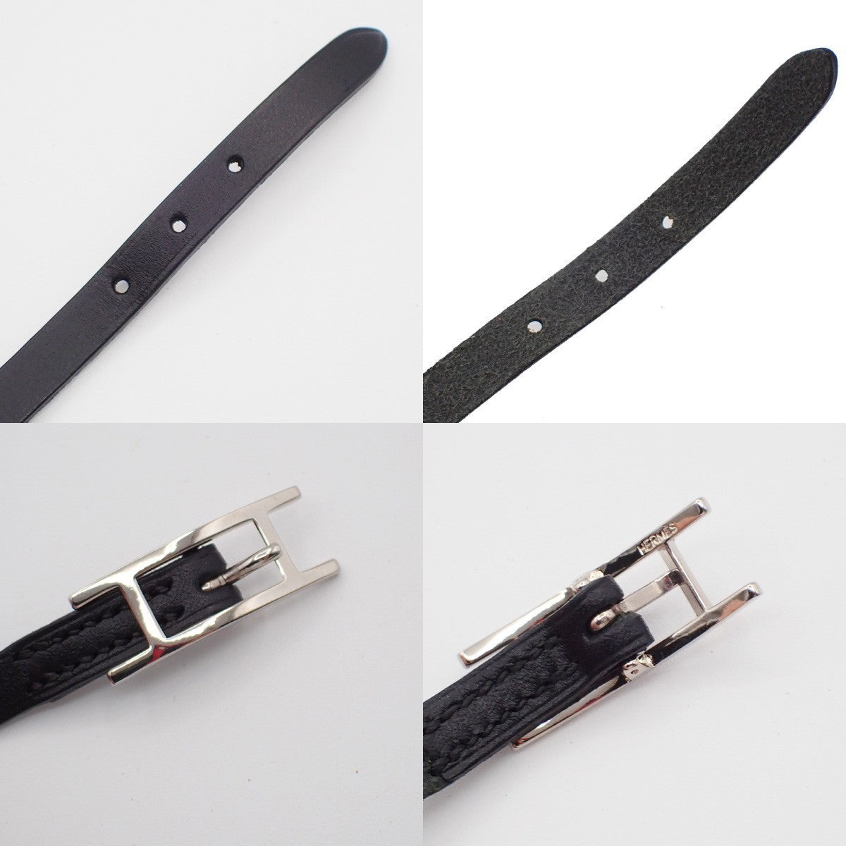 HERMES Api 3 Triple Tour Long Bracelet SHW Leather Sliver Black 67RF760
