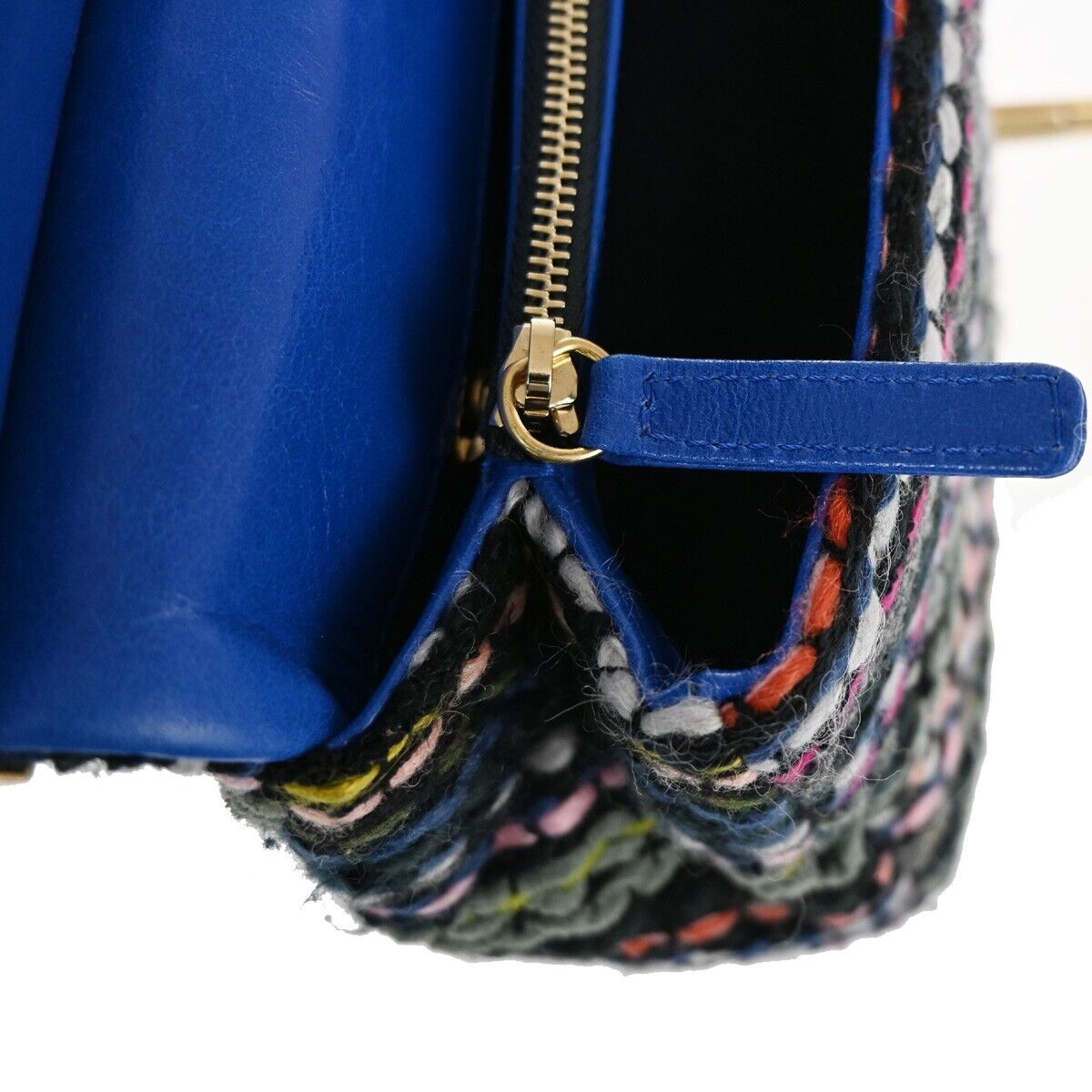 CHANEL CC Matelasse Tweed Chain Shoulder Bag Leather Wood Blue GHW 961RH816