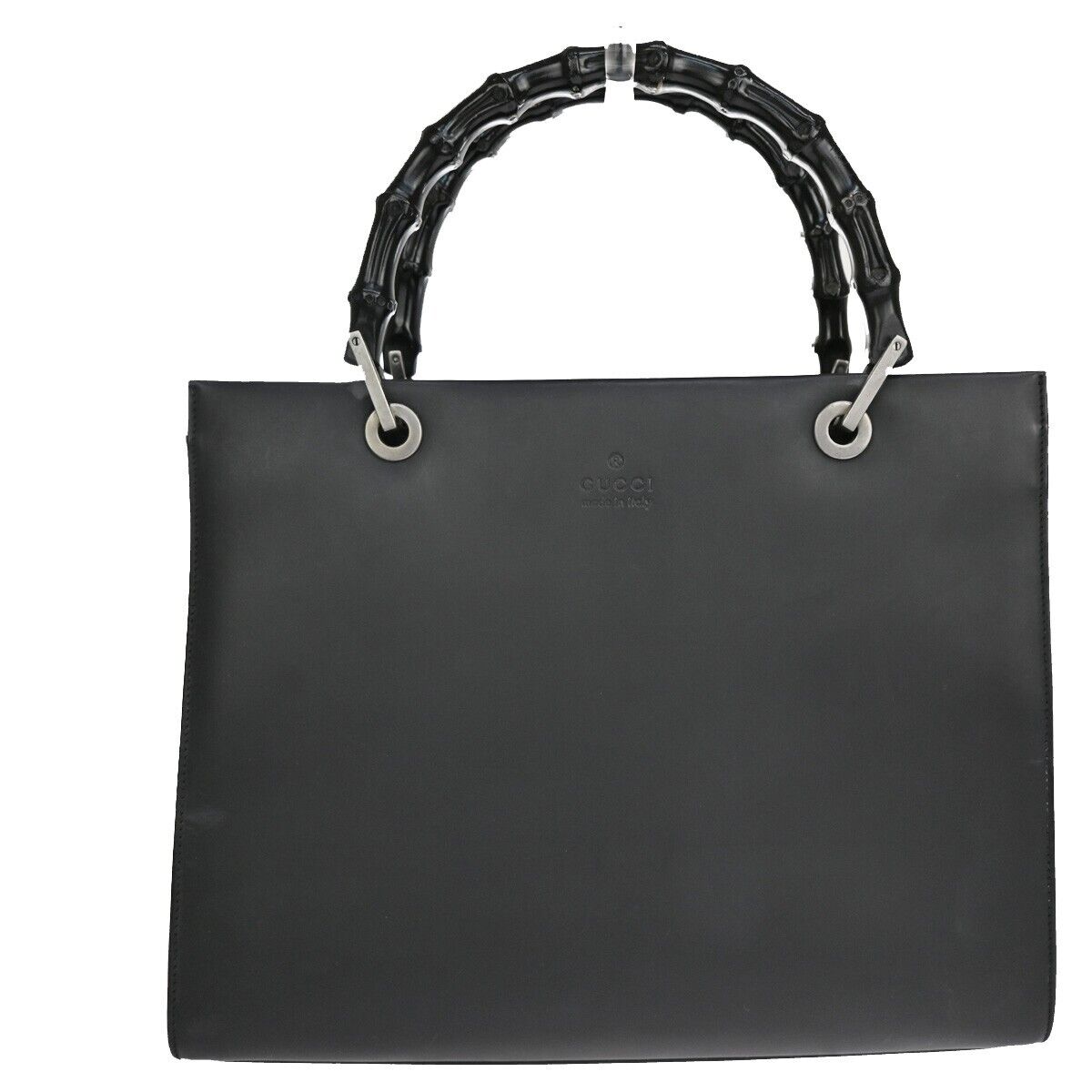 GUCCI Logo Bamboo Hand Bag Leather Black Silver-Plated Made In Italy 67EA504