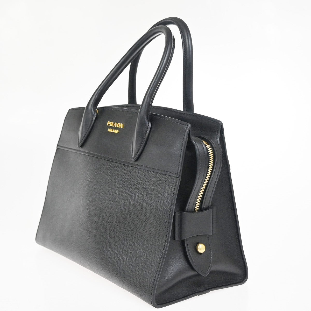 PRADA Logo Hand Bag with Bag Charm Saffiano Leather Black GHW Italy 95RL899
