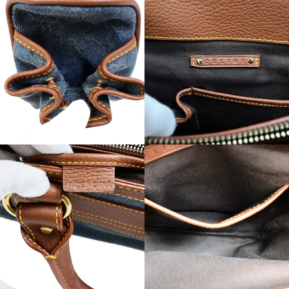 CELINE Logo Macadam Pattern Hand Tote Bag Denim Leather Brown 86FB086