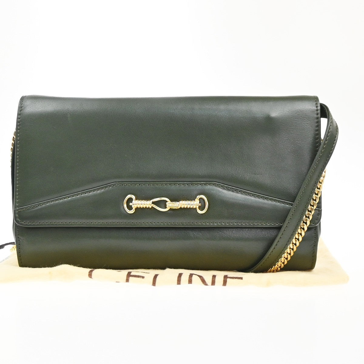 CELINE Logo 2Way Chain Shoulder Clutch Bag Leather Green GHW Italy 38KP439