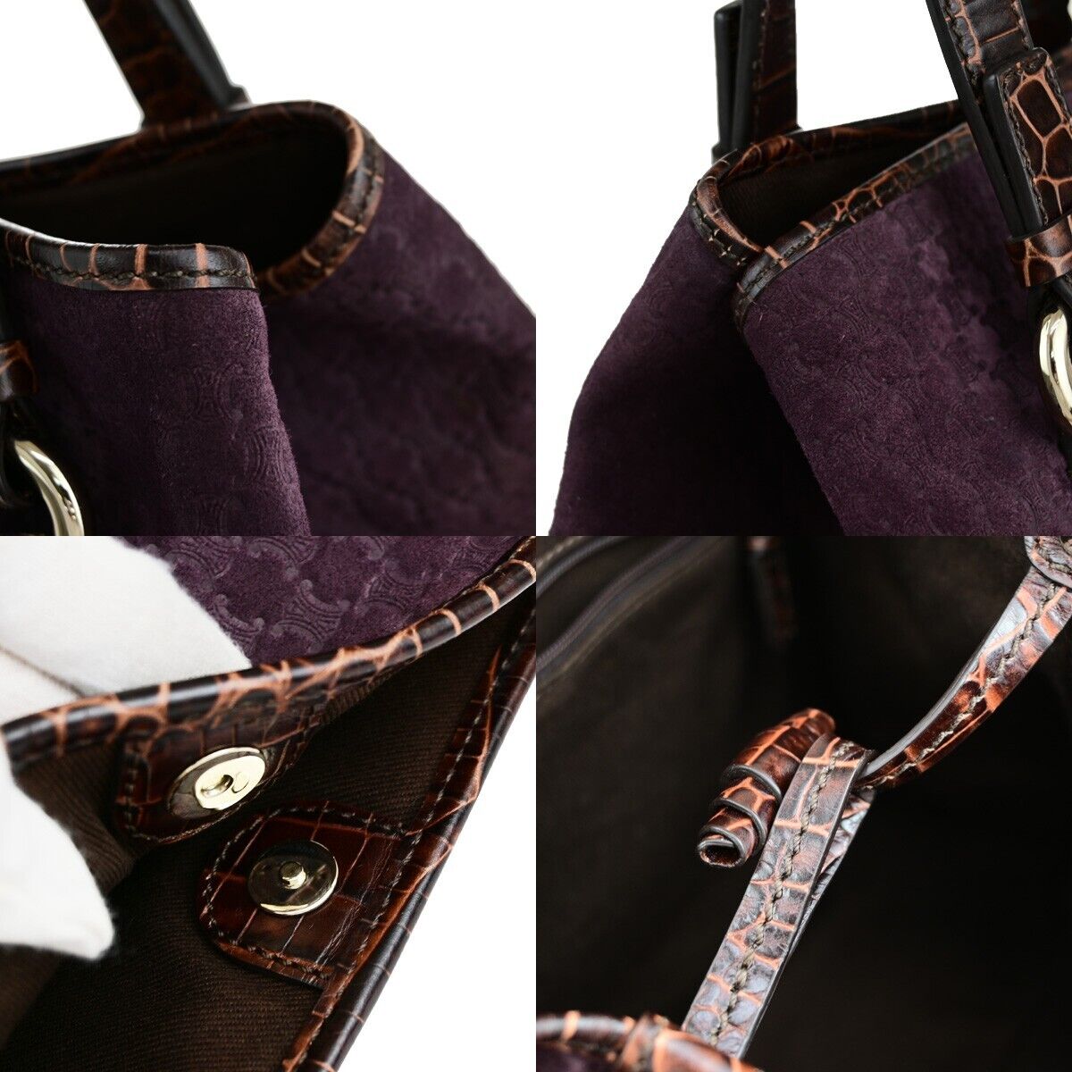 CELINE Logo Macadam Shoulder Tote Bag Suede Embossed Leather Purple SHW 34EC964