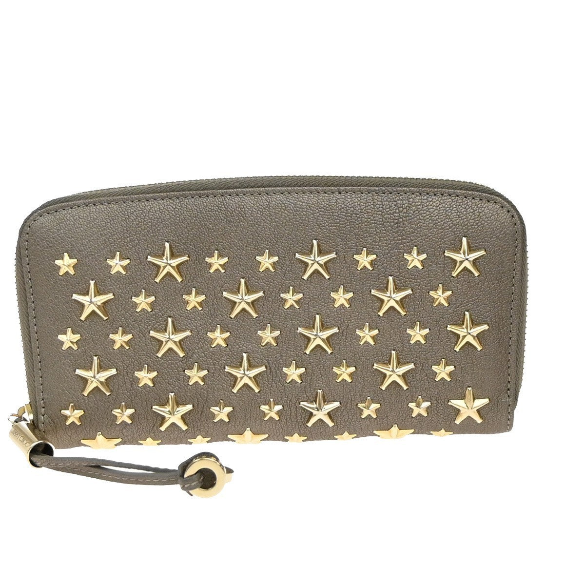 JIMMY CHOO Star Studs Zipper Long Wallet Leather Brown Gold Italy 64KP311